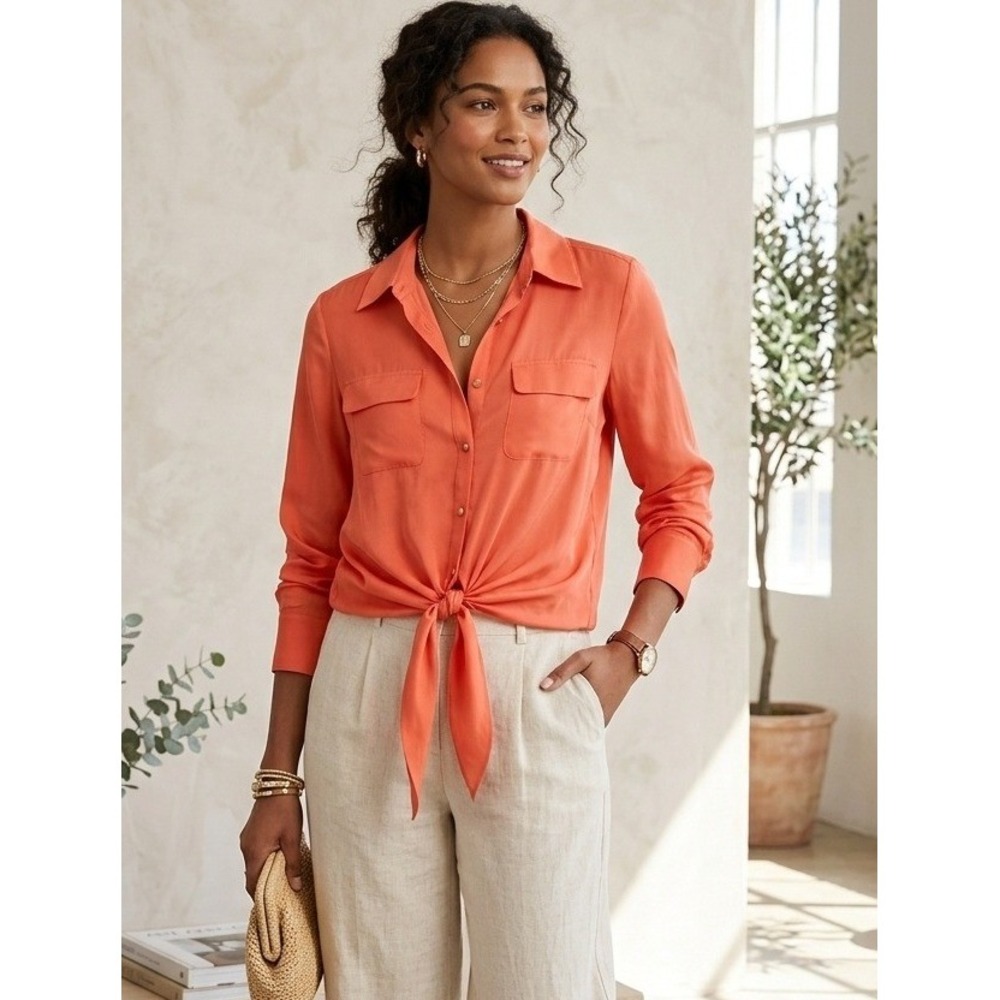 NEW NWT Antonio Melani Pilar Blouse Women Large Orange Silk Button Up Resortwear